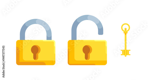Illustration of detailed locks with open and closed lock and key