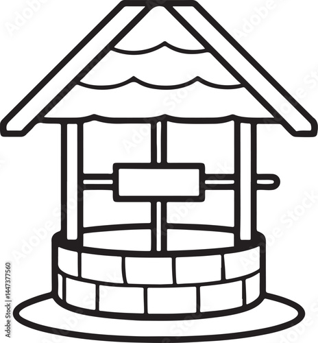 water well line art, black outline, vector and illustration, coloring book page line art drawing