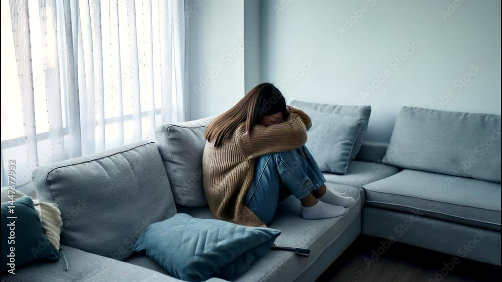 Young woman sitting on couch in dark room, alone, depressed, crying, and distressed.