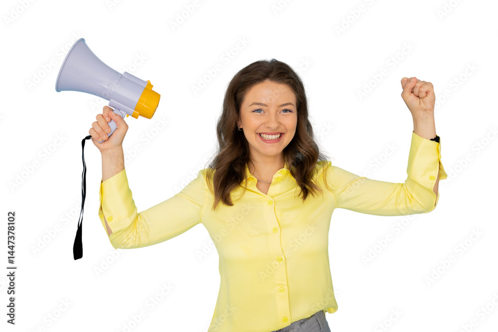 Office worker holding megaphone celebrating victory on transparent background Office worker holding megaphone celebrating victory on transparent background