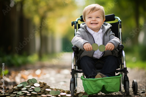 THE visually impaired senior man in the wheelchair depicted holding the bag of coins against the natural green background, symbolizing adorable  concept of saving money for the handicapped persons pen