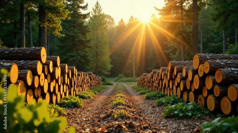 Obraz premium Golden Hour Lumber Path Sunlit Forest Road Flanked by Stacks of Cut Logs, Peaceful Woodland Setting