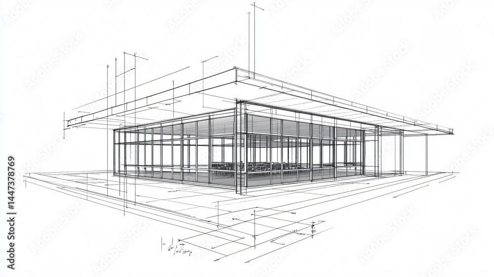 Obraz premium A schematic construction blueprint drawing with annotated floor plan grid and perspective build sketch of facade elevations and window detailing