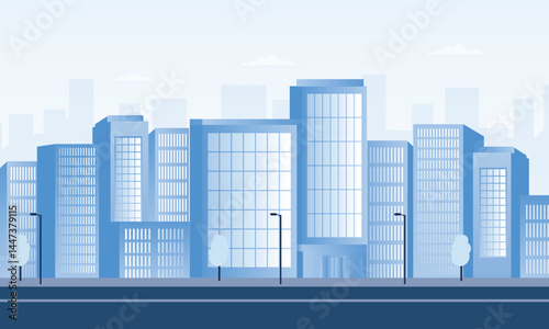 Modern Flat Style Vector Cityscape with Blue Buildings, Trees, and Cloudy Sky – Monochrome Urban Landscape Illustration