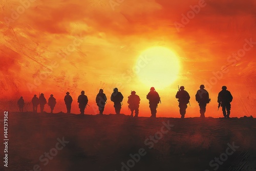 Marines. Military Veterans at Sunset Silhouettes. Soldiers in Platoon and Company Warfare