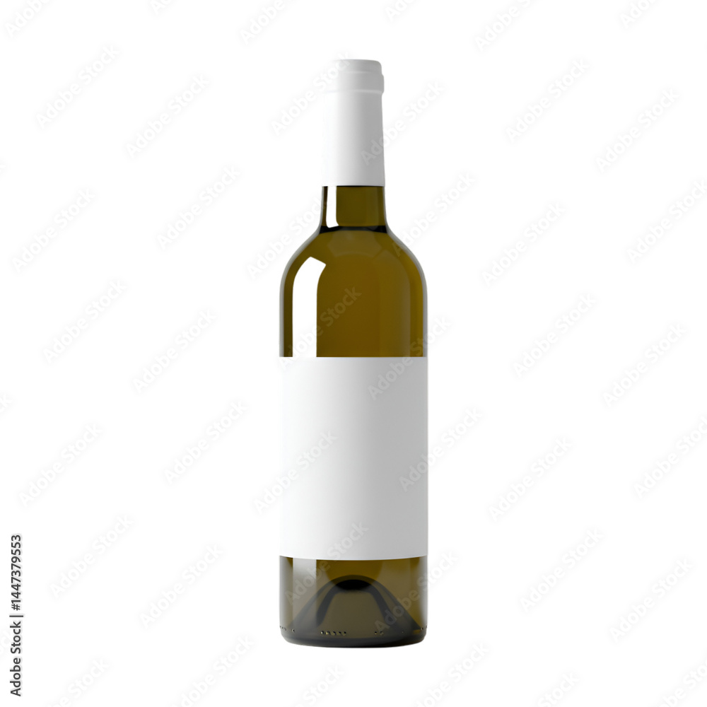 A bottle of white wine with a blank label. The bottle is amber-colored glass, and the label is white A bottle of white wine with a blank label. The bottle is amber-colored glass, and the label is white