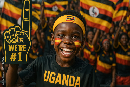 Ugandan Boy Celebrating with Face Paint and Foam Finger

 photo
