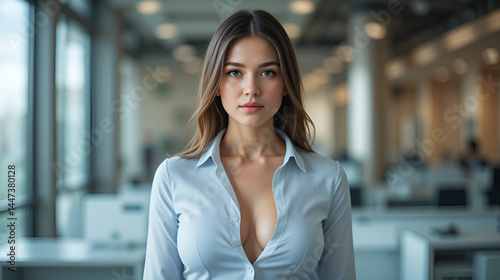 A businesswoman wearing a low-cut shirt represents indecent dress and sexuality in the workplace
