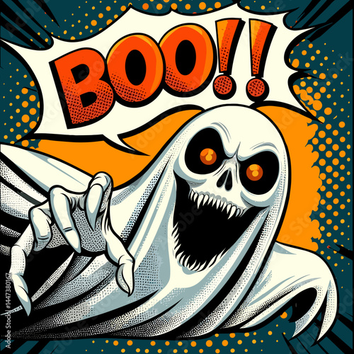 Scary ghost saying "boo!" in bright retro Pop Art style vector, Halloween mood