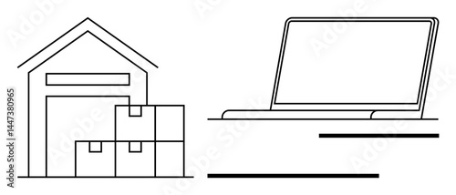 Warehouse outline alongside boxes representing storage and logistics, with a laptop signifying digital inventory systems. Ideal for e-commerce, logistics, supply chain, technology, remote work