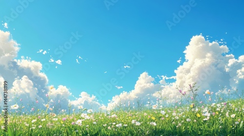 In the morning, the blue sky has small clouds. It's a natural scene at sunrise.
