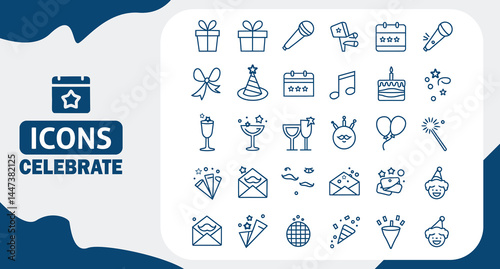Party, Celebration and Event Planning Editable Stroke Icons Set in Flat Outline Style on White Background