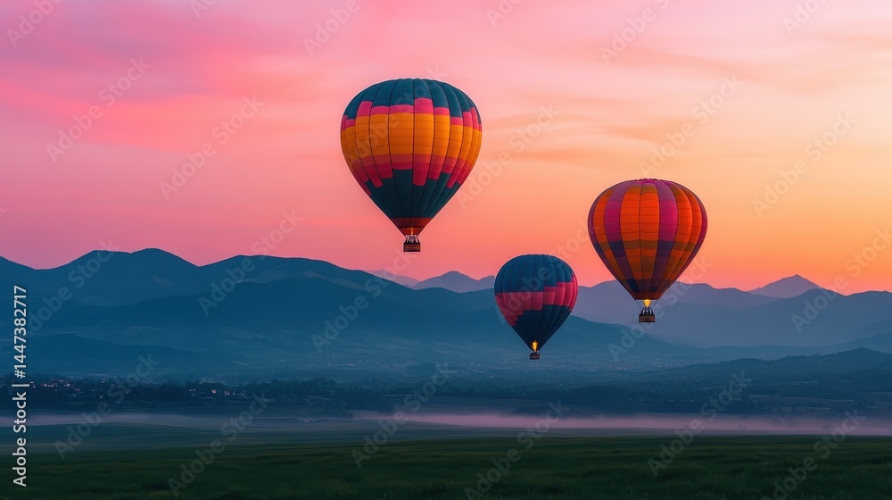Obraz premium Colorful hot air balloons float over picturesque mountains during sunrise in a vibrant sky. Hot Air Balloon Day