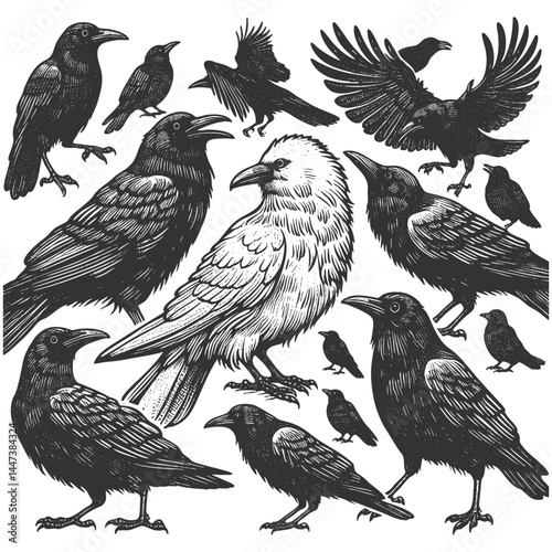 rare white crow surrounded by black crows, symbolizing uniqueness, nonconformity, and standing out from the crowd sketch engraving generative ai vector illustration. Scratch board. Black and white.
