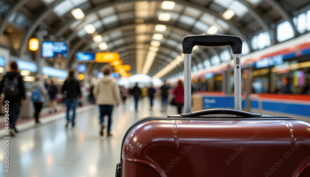 Close up of suitcase handle in sharp focus with blurred busy train station background, capturing travel atmosphere and movement Close up of suitcase handle in sharp focus with blurred busy train station background, capturing travel atmosphere and movement