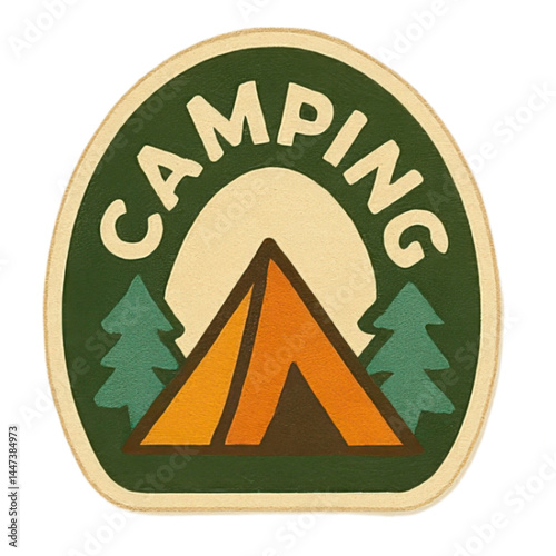 A camping emblem featuring a tent, two pine trees, and the word 
