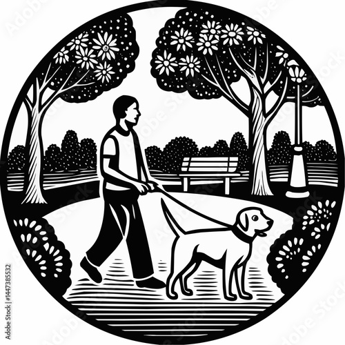 An artistic illustration of a man walking his dog in a park