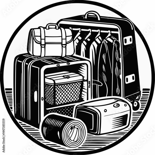 Black and white illustration of a suitcase filled with various items including a jacket on hangers, a small bag, a rolled up blanket, and a portable heater 