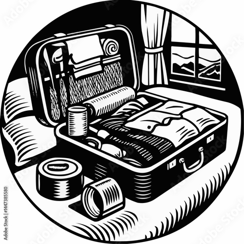 A suitcase packed and ready for travel next to a window, inside a cozy room. The suitcase is filled with clothing and other travel items, the scene suggests anticipation of a journey 