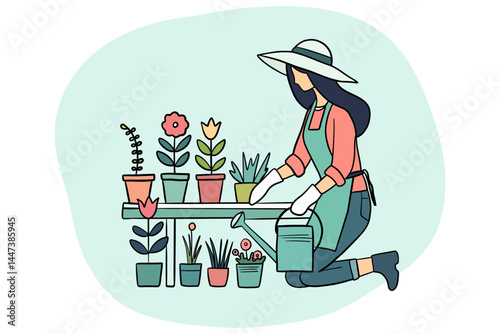 Woman Gardening and Watering Plants Illustration. Good for any project.