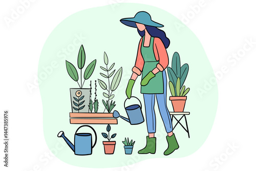 Woman Gardening and Watering Plants Illustration. Good for any project.