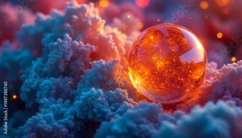 Glowing Sphere on Clouds Futuristic Digital Art with Warm Light