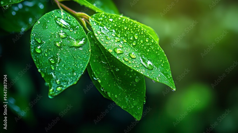 Fototapeta premium Dew drops on vibrant green leaves after rain.