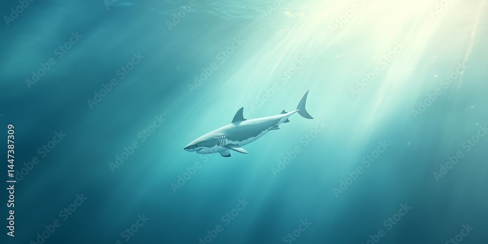 Fototapeta premium A great white shark gracefully swims through the clear ocean waters, illuminated by soft sunlight filtering through the surface. 