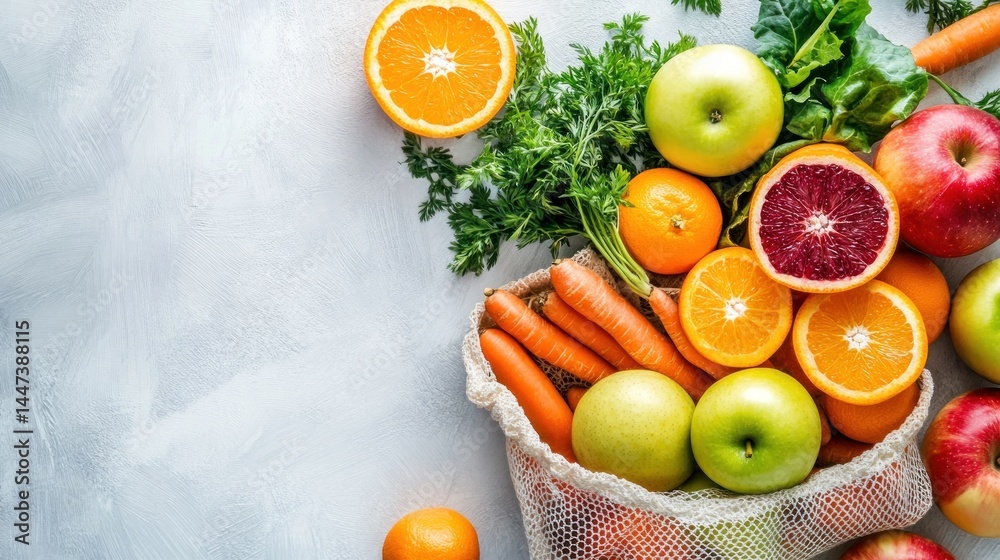 Colorful fresh fruits and vegetables in a reusable mesh bag Colorful fresh fruits and vegetables in a reusable mesh bag