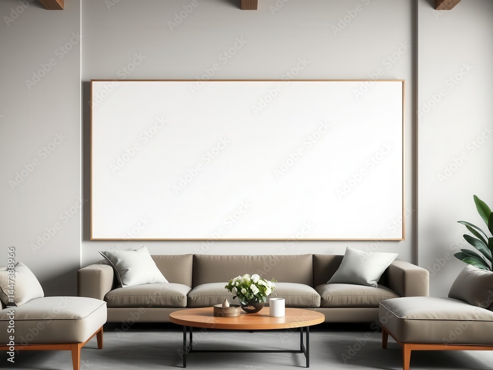 Fototapeta premium Living room wall art mockup with blank canvas to showcase artwork or photos, frame, empty, mockup