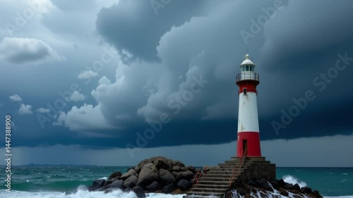 Storm clouds gather over red and white lighthouse on rocky shore with turbulent sea waves and dramatic sky creating epic coastal ocean scene