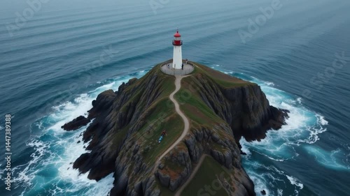 Lighthouse on rocky cliff with winding path surrounded by ocean waves and coastal water creating serene and dramatic coastal scene
