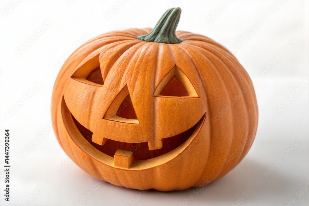 Smiling Jack-O'-Lantern Halloween Pumpkin on White Background – Festive Carved Decoration Smiling Jack-O'-Lantern Halloween Pumpkin on White Background – Festive Carved Decoration