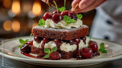 Baker assembles Black Forest gateau with rich layers of chocolate and cherries