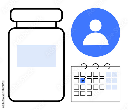 Medicine bottle with calendar marked for dosage schedules alongside user profile. Ideal for healthcare, self-care, medication management, reminders, planning, patient tracking, flat simple metaphor