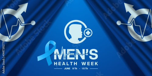 June 9th to 15th is National Mens Health Week. Flag, gender icon, human, ribbon and plus icon. Suitable for posters, banners, social media and more. Blue background.