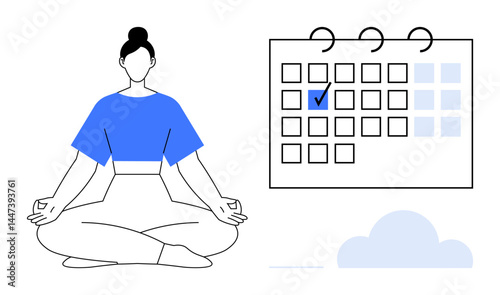 Woman meditating in lotus position beside a marked calendar reinforcing habits. Ideal for mindfulness, time management, wellness, self-care, productivity, work-life balance, mental health. Flat