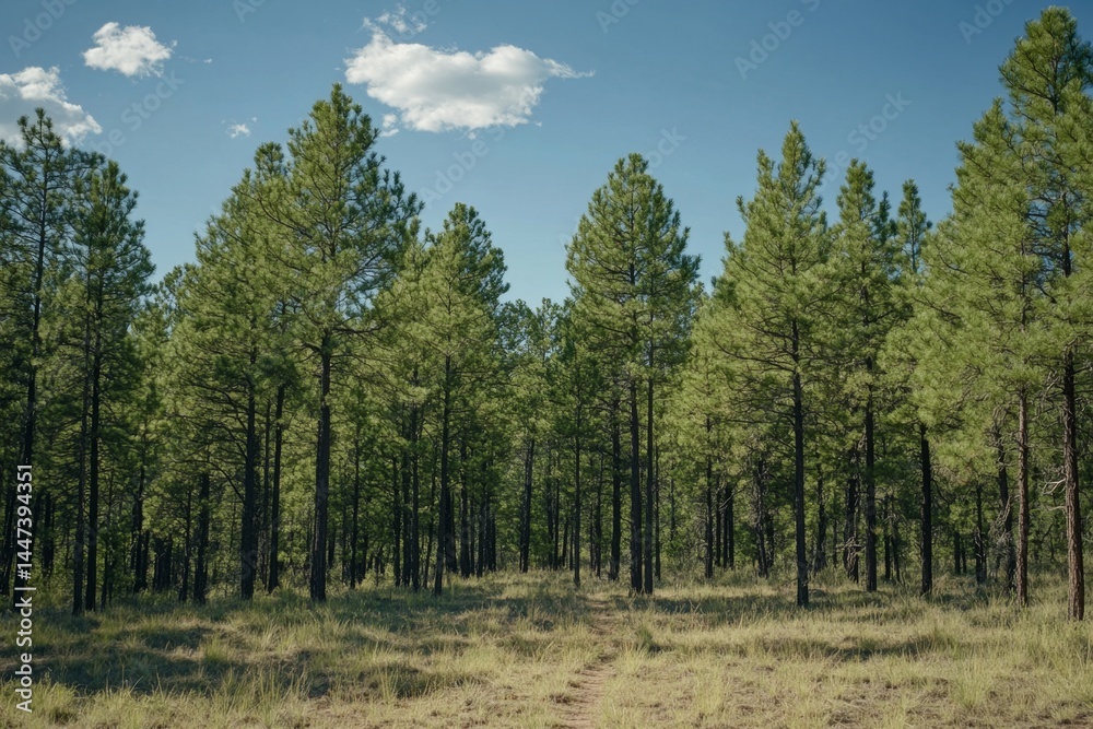 Fototapeta premium Lush pine forest under a partly cloudy sky. A sun-drenched trail meanders through the trees