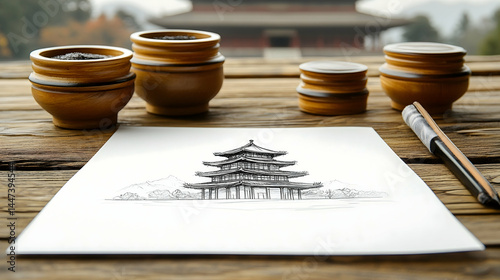 Ink drawing of a traditional Asian pagoda on paper,  surrounded by small wooden containers