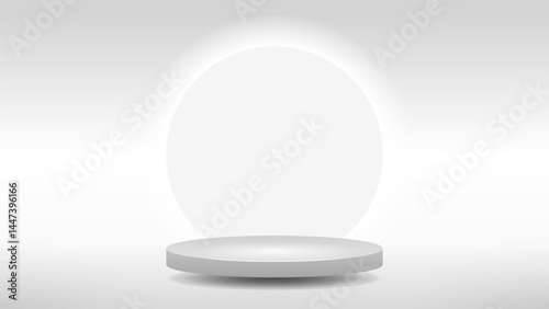 Empty 3D template with white podium and glowing circle behind it.
