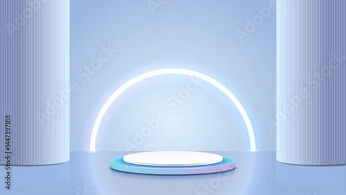 Empty abstract template with 3d podium, glowing semicircle with two columns.