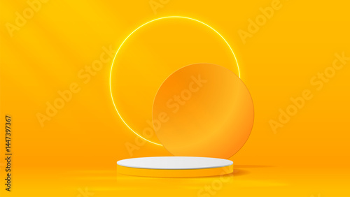 An empty 3D template with a podium and a glowing circle in yellow and orange colors