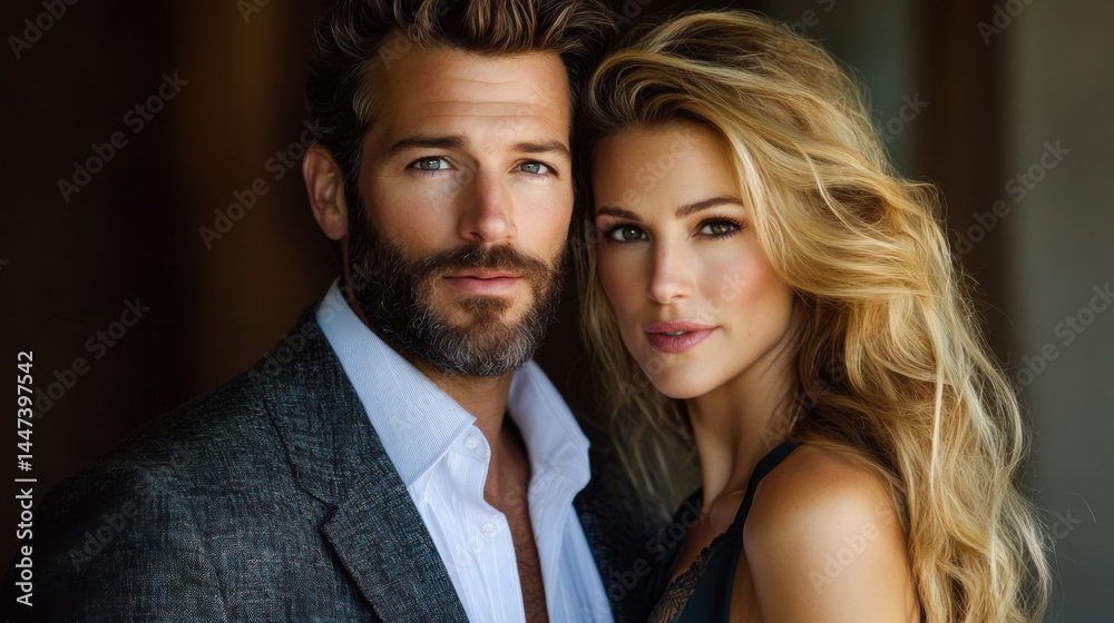 Couple poses together in a stylish setting with harmonious lighting and elegant attire for a timeless portrait Couple poses together in a stylish setting with harmonious lighting and elegant attire for a timeless portrait