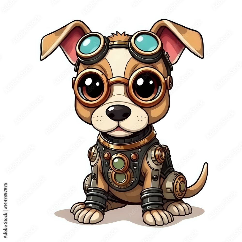 Naklejka premium Adorable Steampunk Puppy with Goggles and Mechanical Features