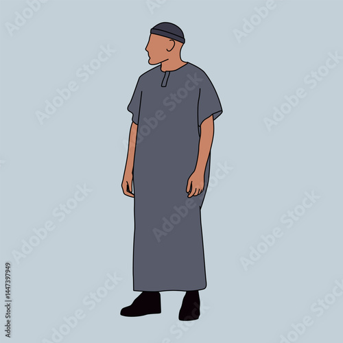 Stylized Vector of Middle Eastern Man in Traditional Clothing, Relaxed Side Pose, Illustration of Muslim Man in Gray Thobe Standing Casually, Side View
