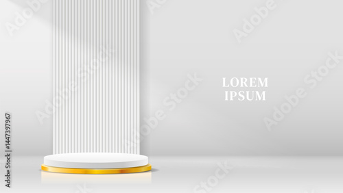An empty 3D podium with gold edging in white tones with studio lighting. Vector mockup.