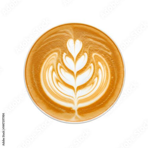 A latte art design of a leaf on a rich brown coffee drink