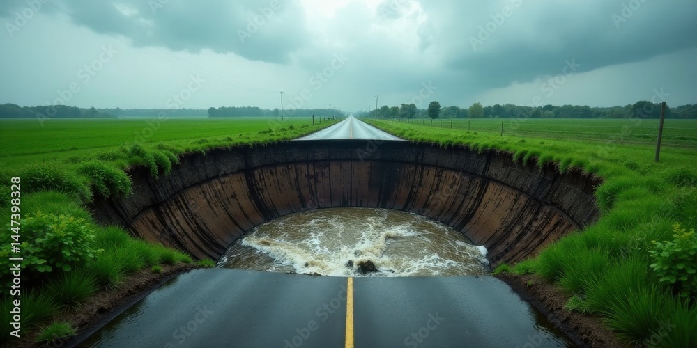 A Rural Asphalt Road Collapses Into A Flood During A Severe Storm, Creating A Dramatic Scene Of Nature's Power