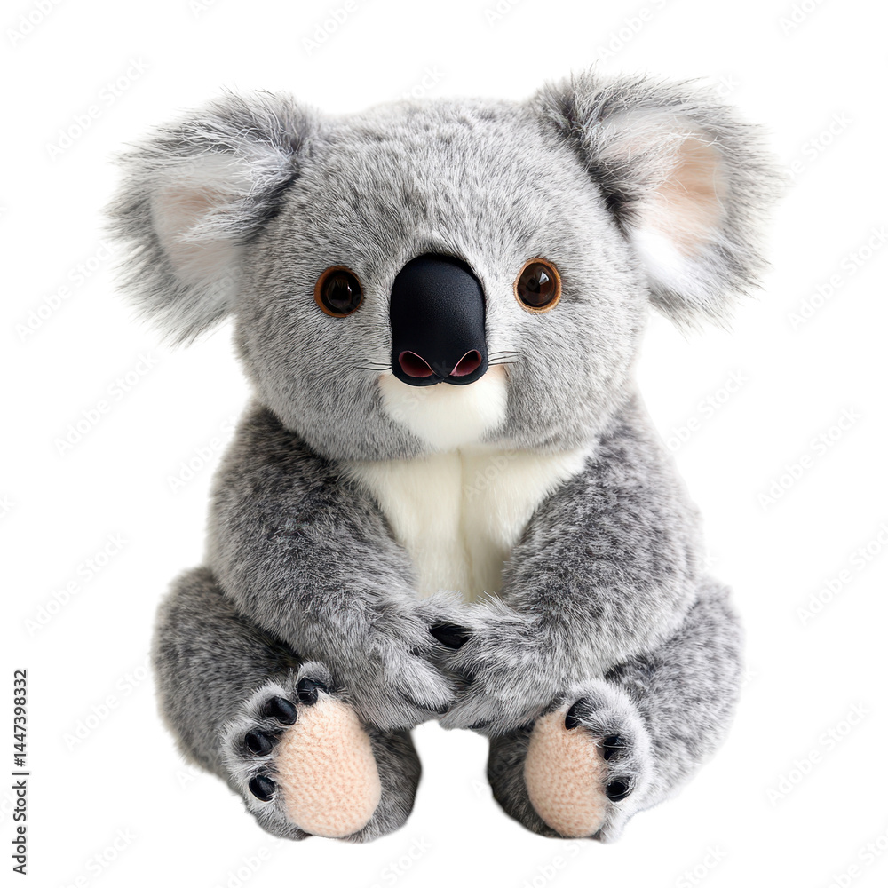 Soft plush koala toy sitting on a plain background, showcasing its adorable features and cuddly design Soft plush koala toy sitting on a plain background, showcasing its adorable features and cuddly design