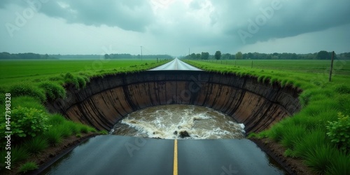 Obraz na płótnie A Rural Asphalt Road Collapses Into A Flood During A Severe Storm, Creating A Dramatic Scene Of Nature's Power w salonie